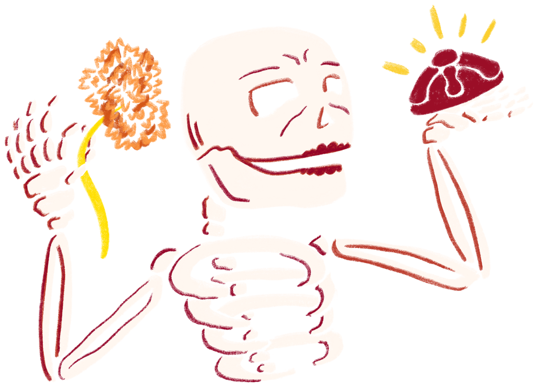 Calaca que sostiene una flor de cempasúchil y un pan de muerto