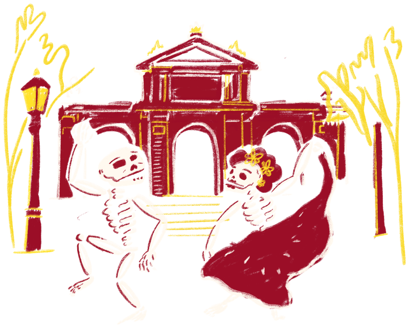 Dos calacas bailan ante la Puerta de Alcalá