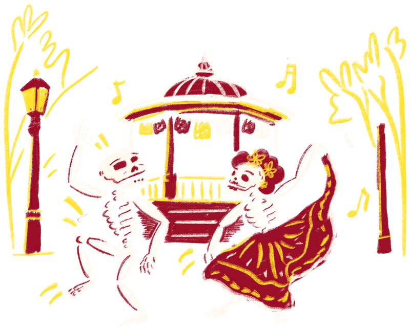 Dos calacas bailan ante el quiosco de Chamberí