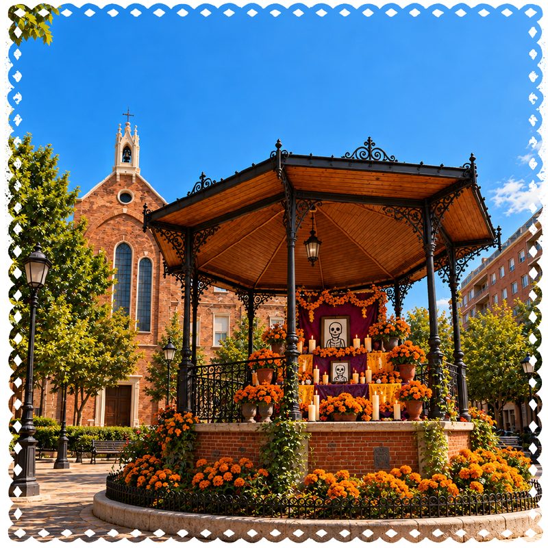 Ilustración: el quiosco de la plaza de Chamberí convertido en altar con cempasúchil