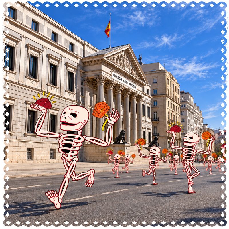 Ilustración: calacas con flores de cempasúchil desfilan ante el Congreso de los Diputados