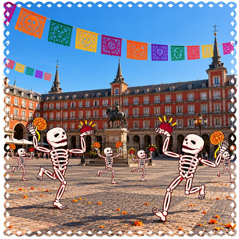 Ilustración: calacas bailan en la Plaza Mayor bajo guirnaldas de papel picado