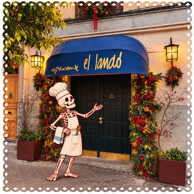 Ilustración: una calaca cocinera da la bienvenida en la puerta del restaurante El Landó