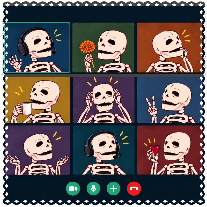 Ilustración: calacas conectadas en una videollamada