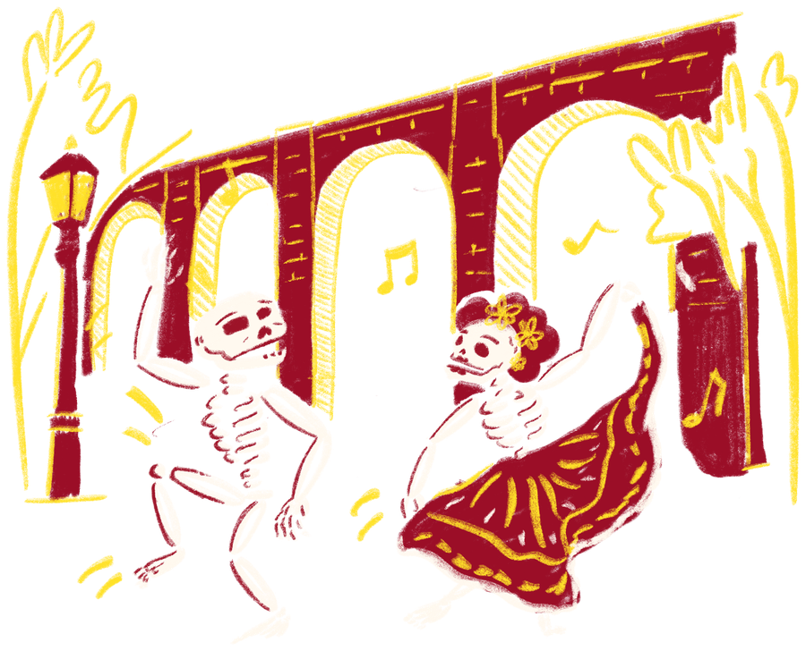 Dos calacas bailan ante el acueducto de Querétaro